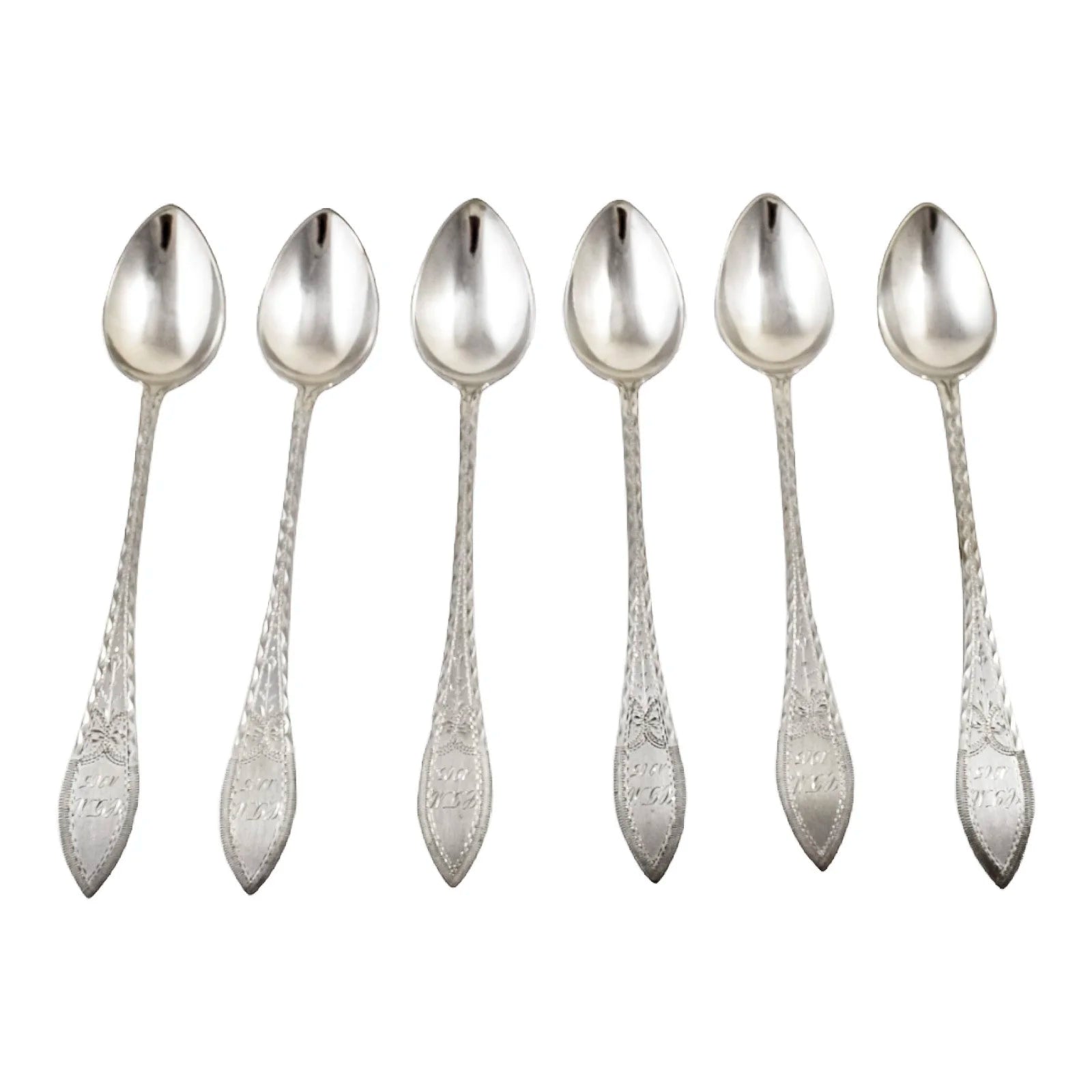 Antique set 6 Danish solid silver long bright-cut teaspoons, I. Bronee (1904)