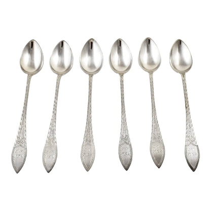 Antique set 6 Danish solid silver long bright-cut teaspoons, I. Bronee (1904)