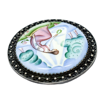 Vintage USSR Rostov Finift hand-painted enamel brooch of young maiden near river