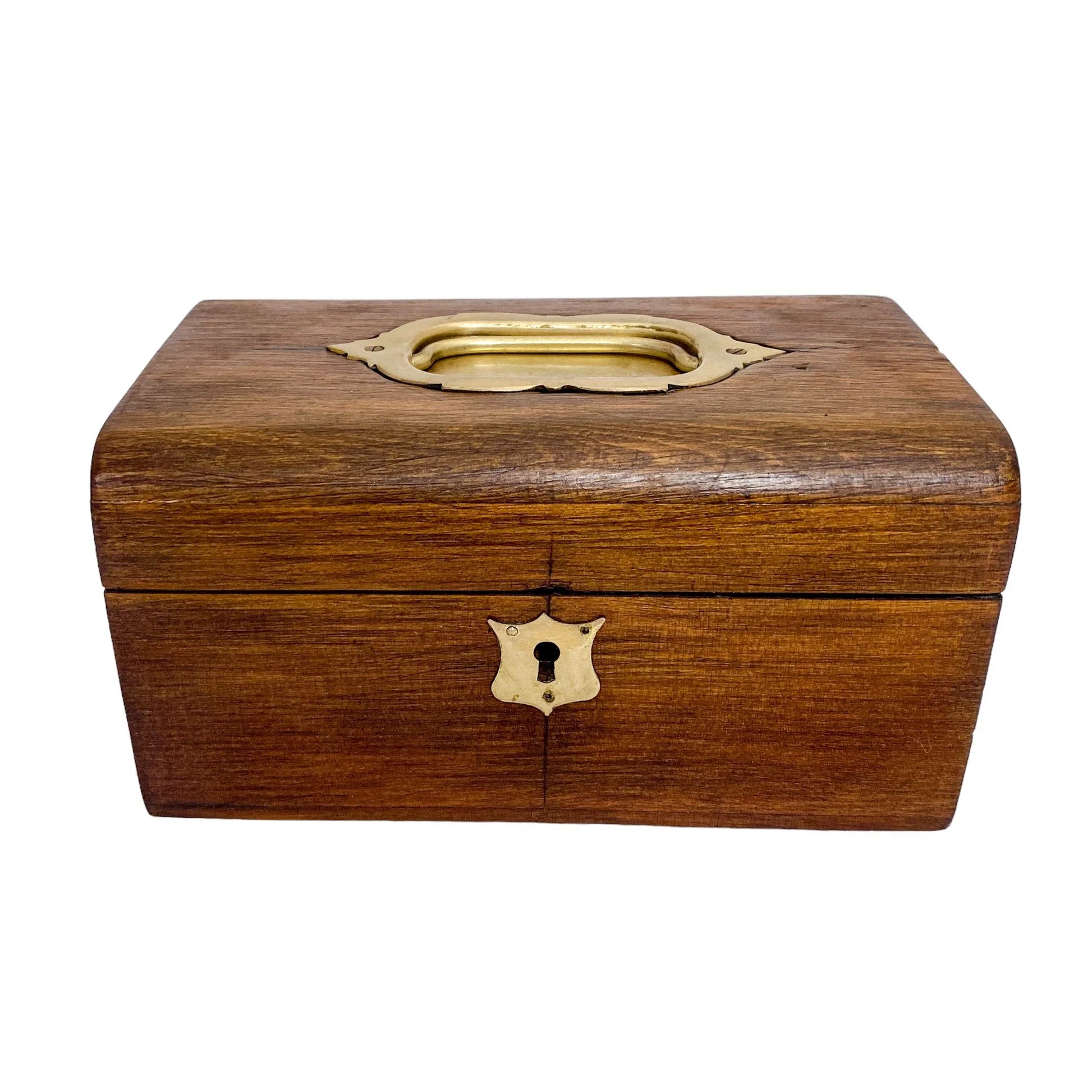 Walnut Victorian trinket storage box with inset brass carry handle and key escutcheon