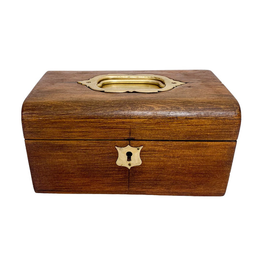 Walnut Victorian trinket storage box with inset brass carry handle and key escutcheon
