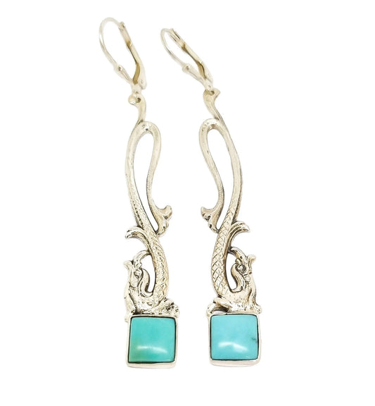 Sterling silver sea serpent dolphin dangle earrings with turquoise