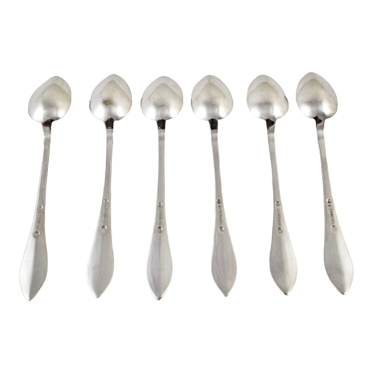 Antique set 6 Danish solid silver long bright-cut teaspoons, I. Bronee (1904)