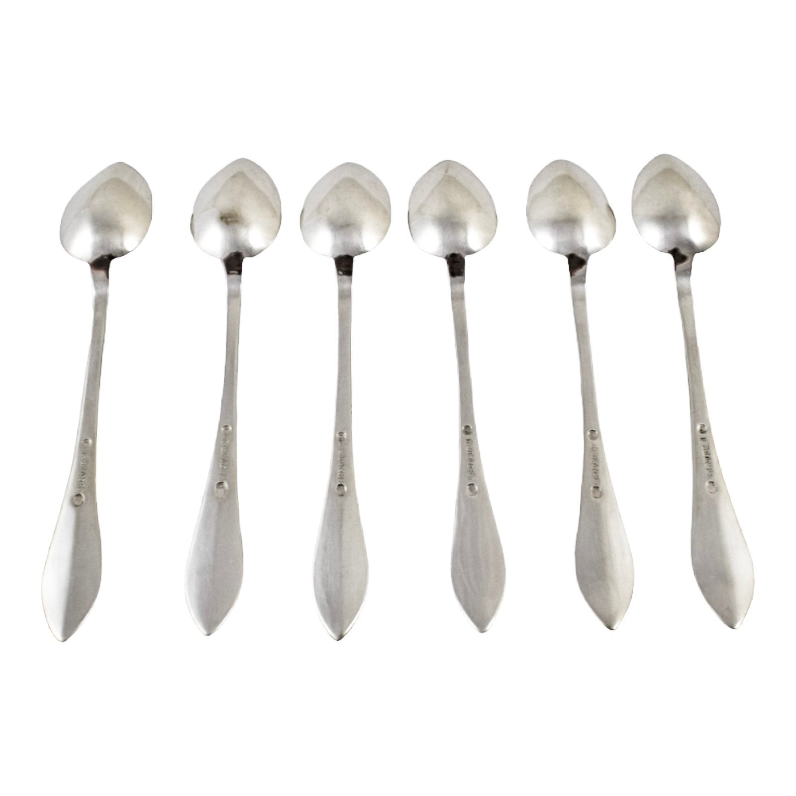 Antique set 6 Danish solid silver long bright-cut teaspoons, I. Bronee (1904)