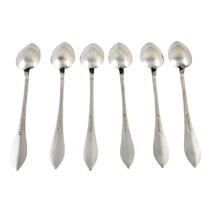 Antique set 6 Danish solid silver long bright-cut teaspoons, I. Bronee (1904)