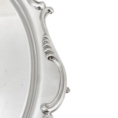 Silver plated Victorian salver in Neoclassical style with Chippendale border