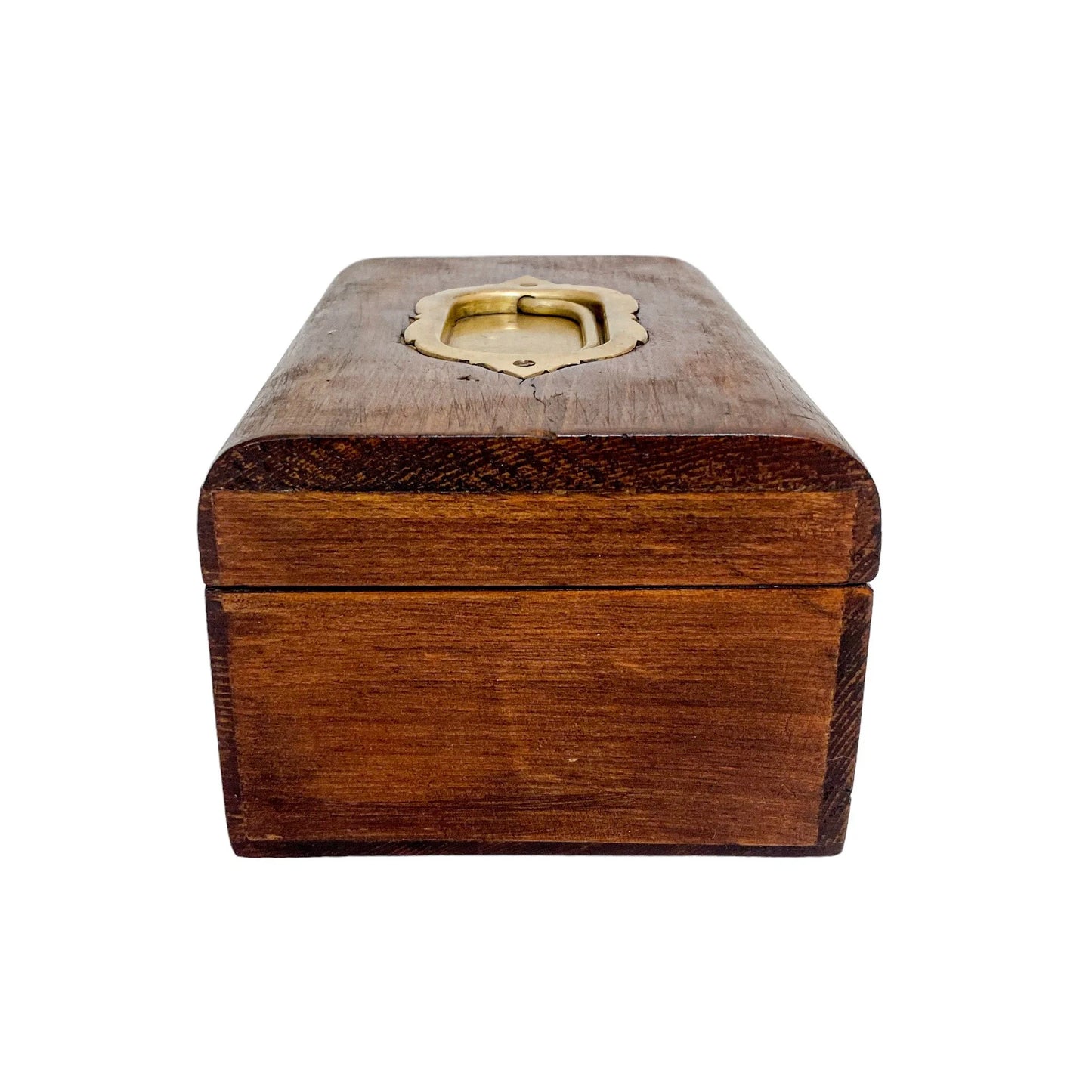 Walnut Victorian trinket storage box with inset brass carry handle and key escutcheon