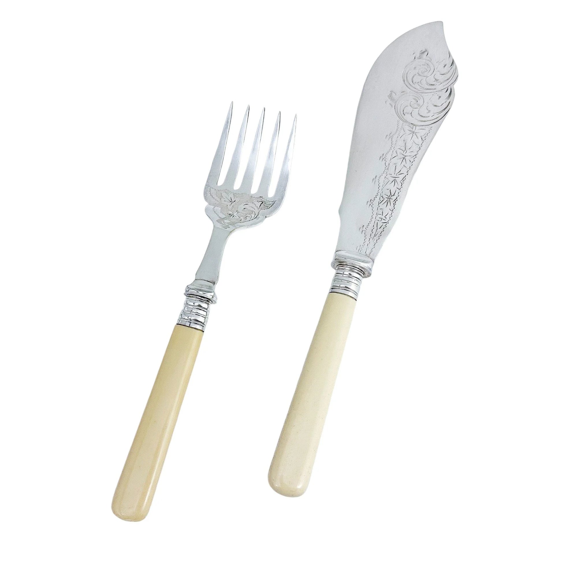 Victorian fish servers engraved with oak leaves, foliage and scrolls