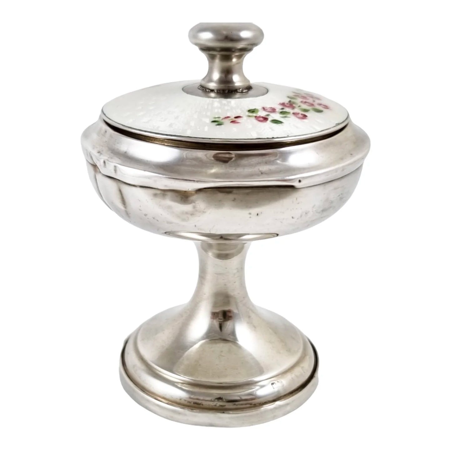 Art Deco sterling silver dressing table lidded pot with guilloche enamel cover and mirror