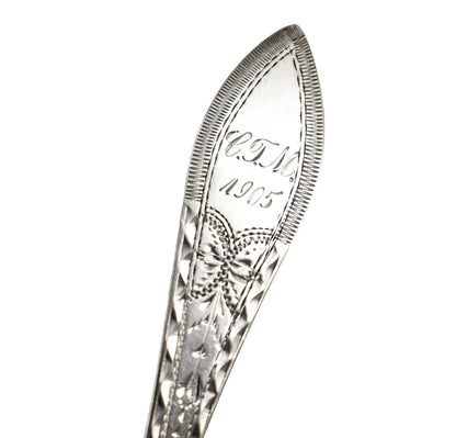 Antique set 6 Danish solid silver long bright-cut teaspoons, I. Bronee (1904)