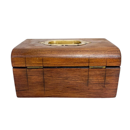 Walnut Victorian trinket storage box with inset brass carry handle and key escutcheon