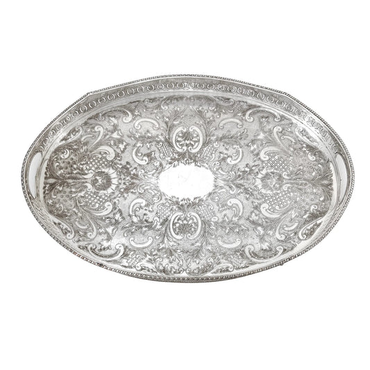 Vintage silver plated oval gallery serving tray on bird claw feet, in Louis XV style