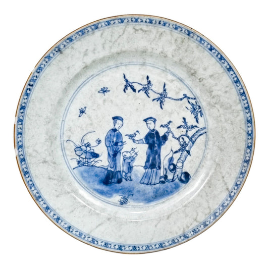 Early 18th century Yongzheng Chinese blue and white porcelain plate of scholars and boy