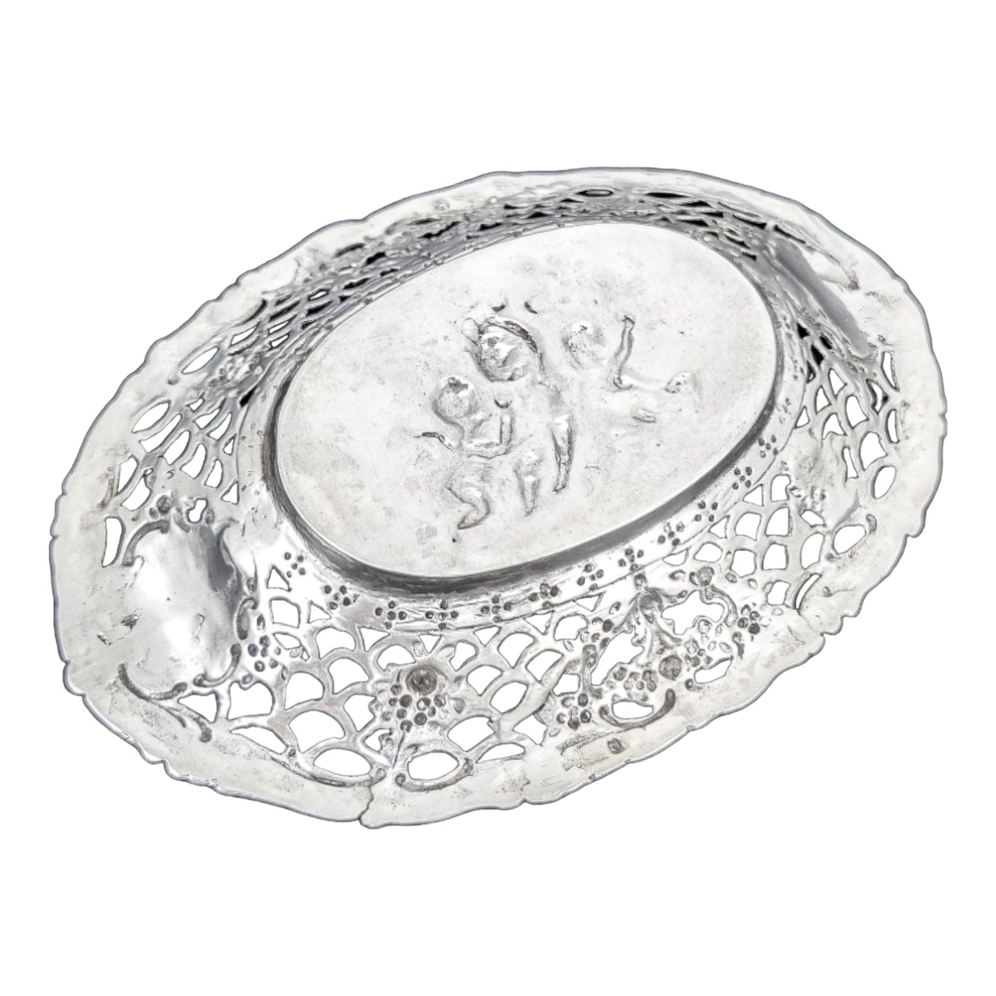 German silver pierced bonbon trinket dish with repousse cherubs and floral garlands