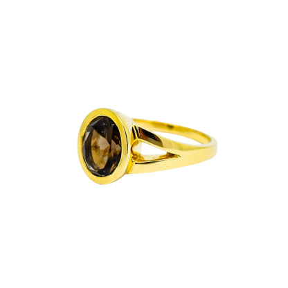 9ct yellow gold bezel set 2ct smoky quartz cocktail statement ring, size M