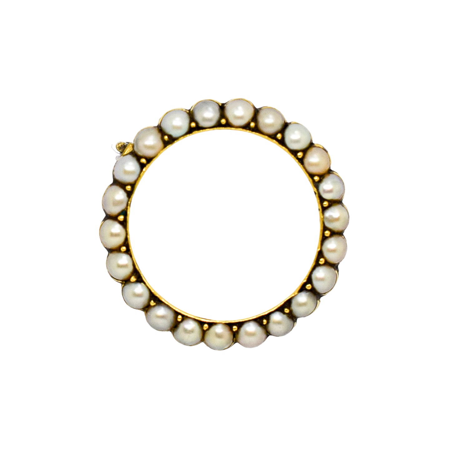 Victorian natural half pearl circle brooch / lace pin, 9ct yellow gold