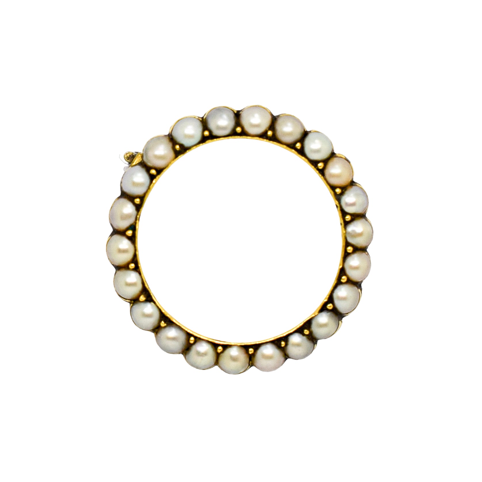 Victorian natural half pearl circle brooch / lace pin, 9ct yellow gold