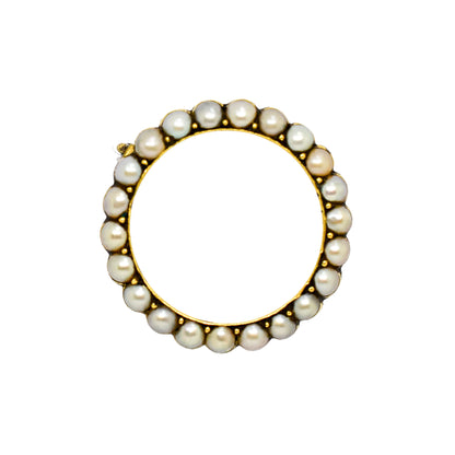 Victorian natural half pearl circle brooch / lace pin, 9ct yellow gold