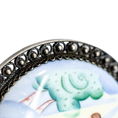 Vintage USSR Rostov Finift hand-painted enamel brooch of young maiden near river