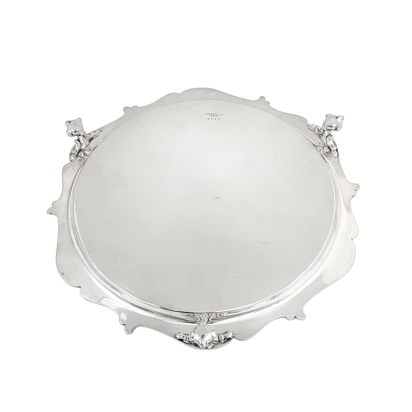 Silver plated Victorian salver in Neoclassical style with Chippendale border