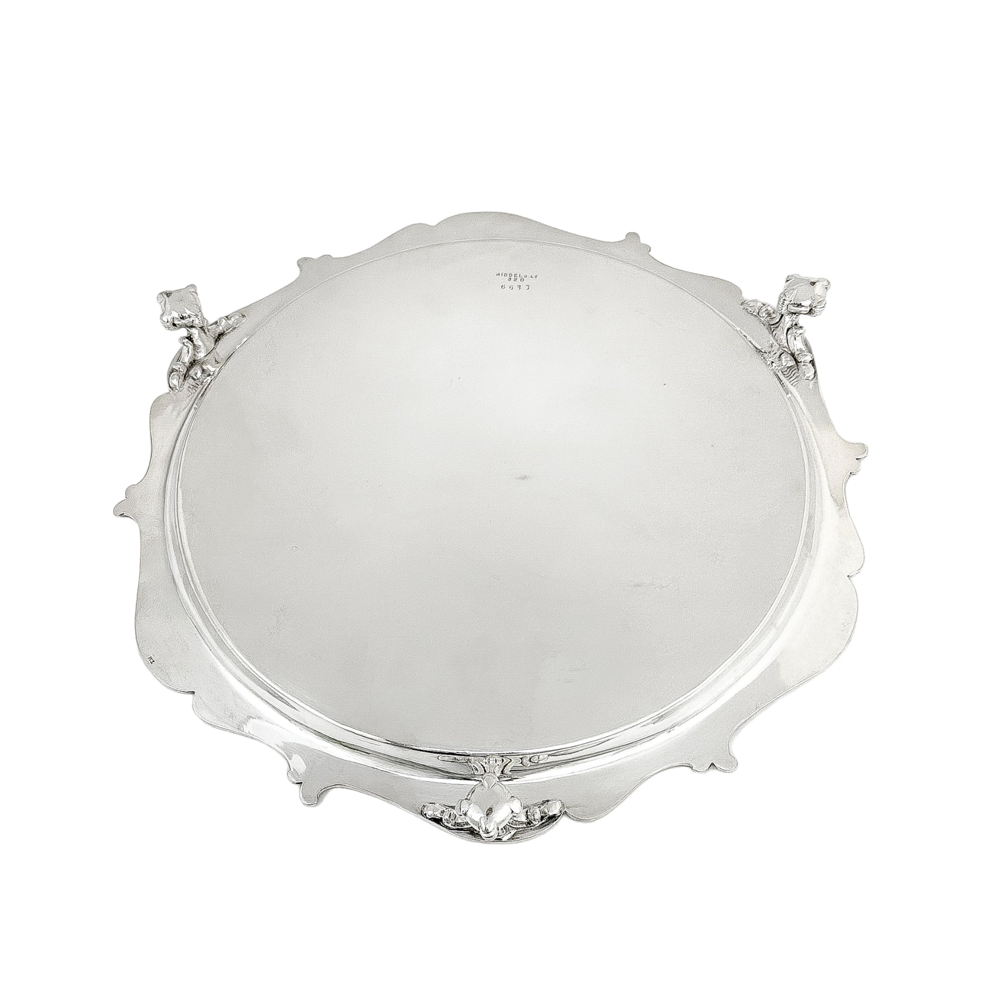 Silver plated Victorian salver in Neoclassical style with Chippendale border