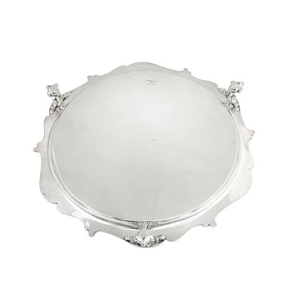 Silver plated Victorian salver in Neoclassical style with Chippendale border