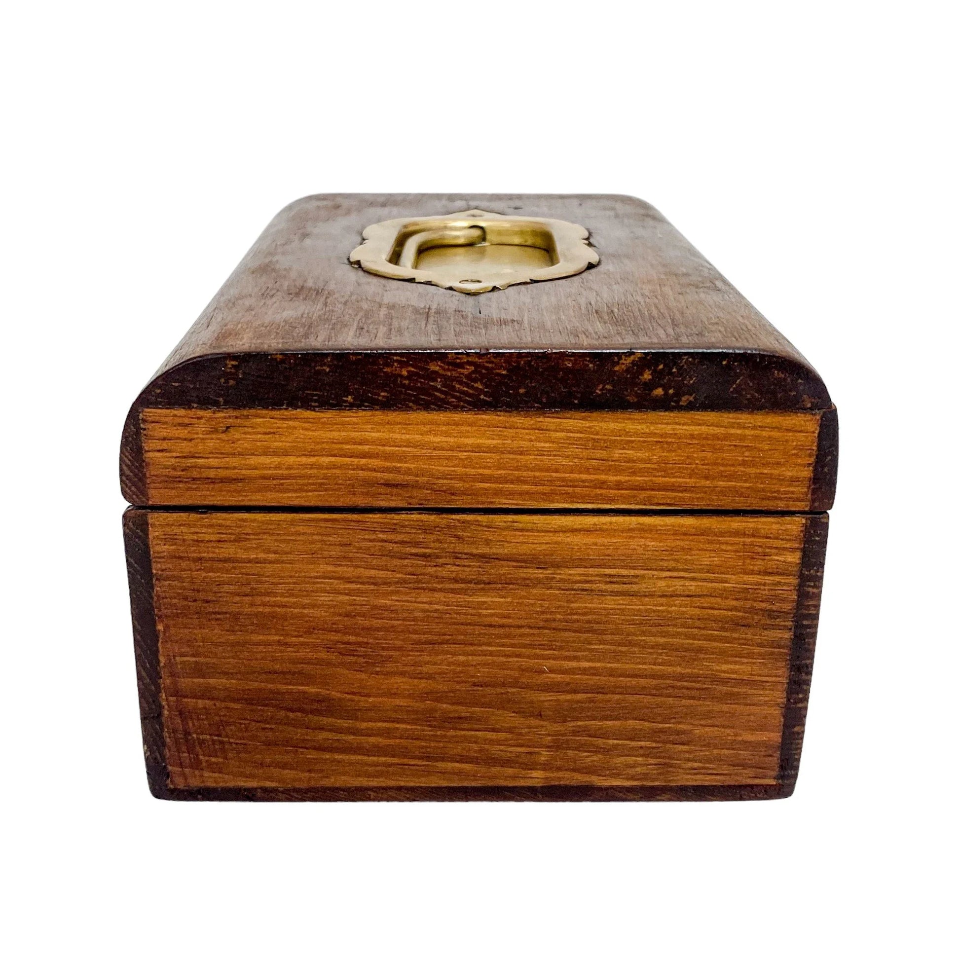 Walnut Victorian trinket storage box with inset brass carry handle and key escutcheon