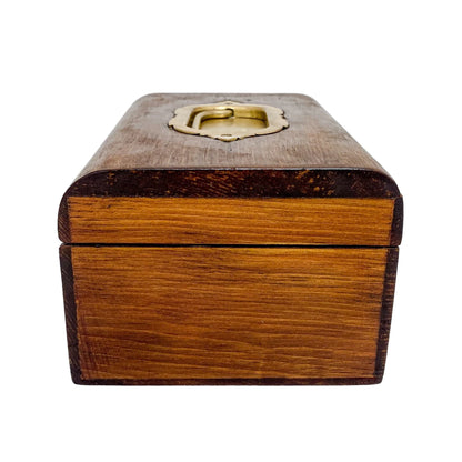 Walnut Victorian trinket storage box with inset brass carry handle and key escutcheon