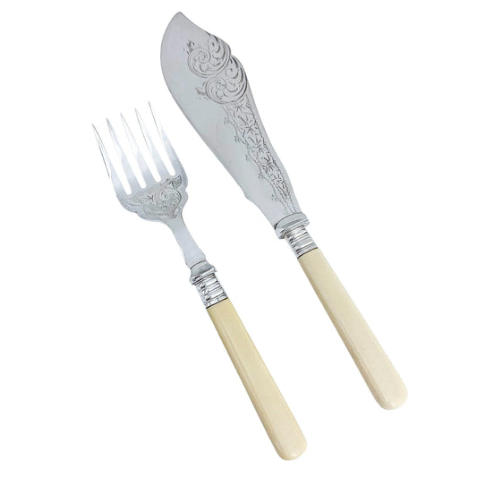 Victorian fish servers engraved with oak leaves, foliage and scrolls