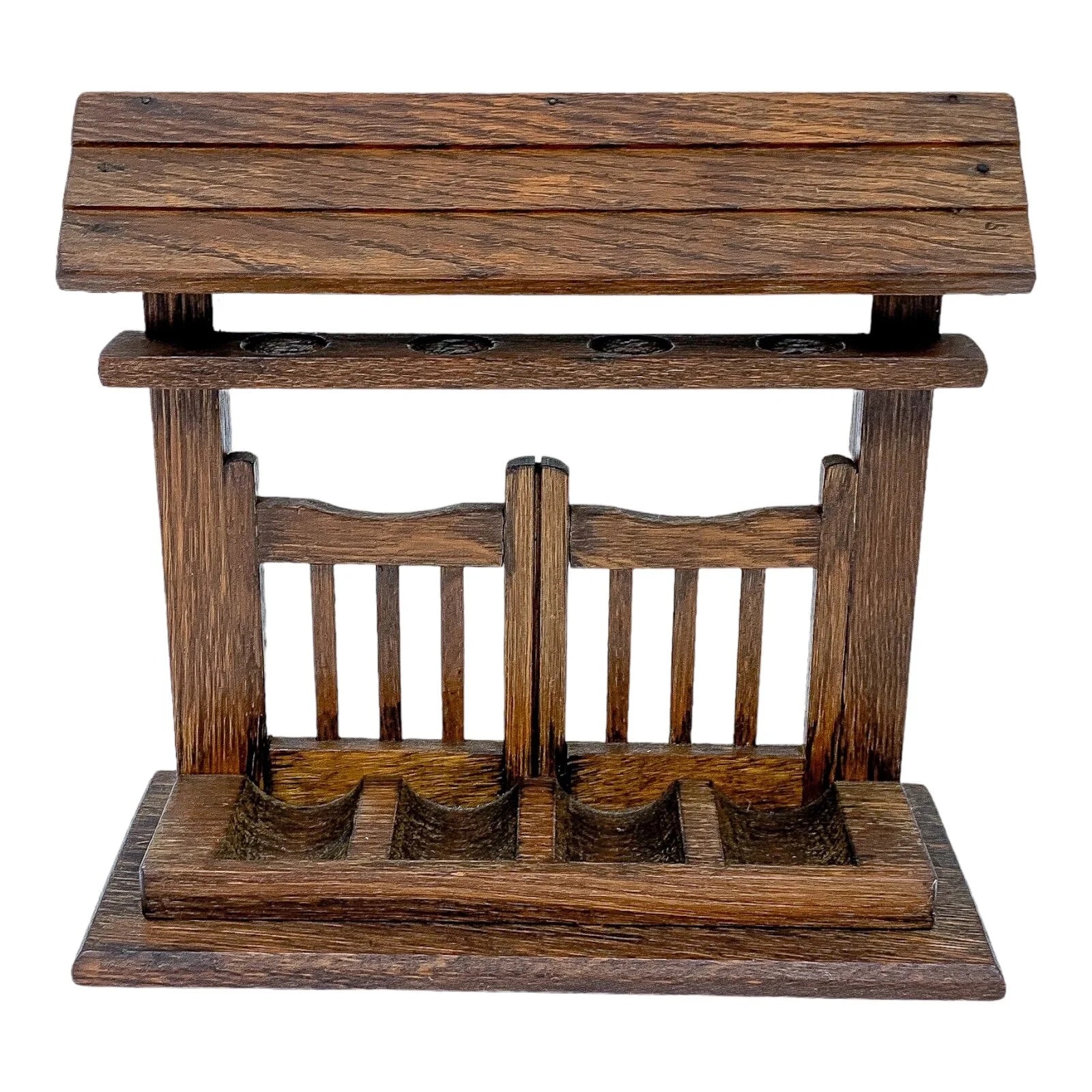 Vintage novelty oak 4-pipe rack stand in the form of a fence with roof on top