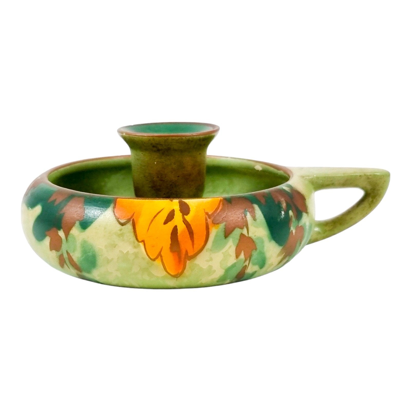 Studio Pottery green chamberstick and 2 matching candlesticks decorated with autumn oak leaves