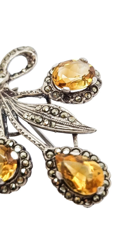 Art Deco sterling silver citrine floral spray brooch with marcasites