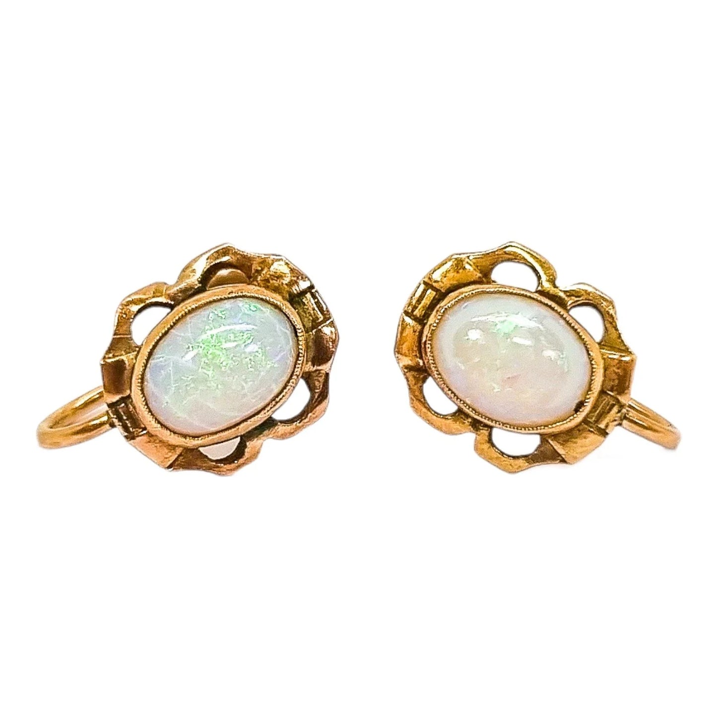 Antique 9ct yellow gold pinfire opal screw-back earrings