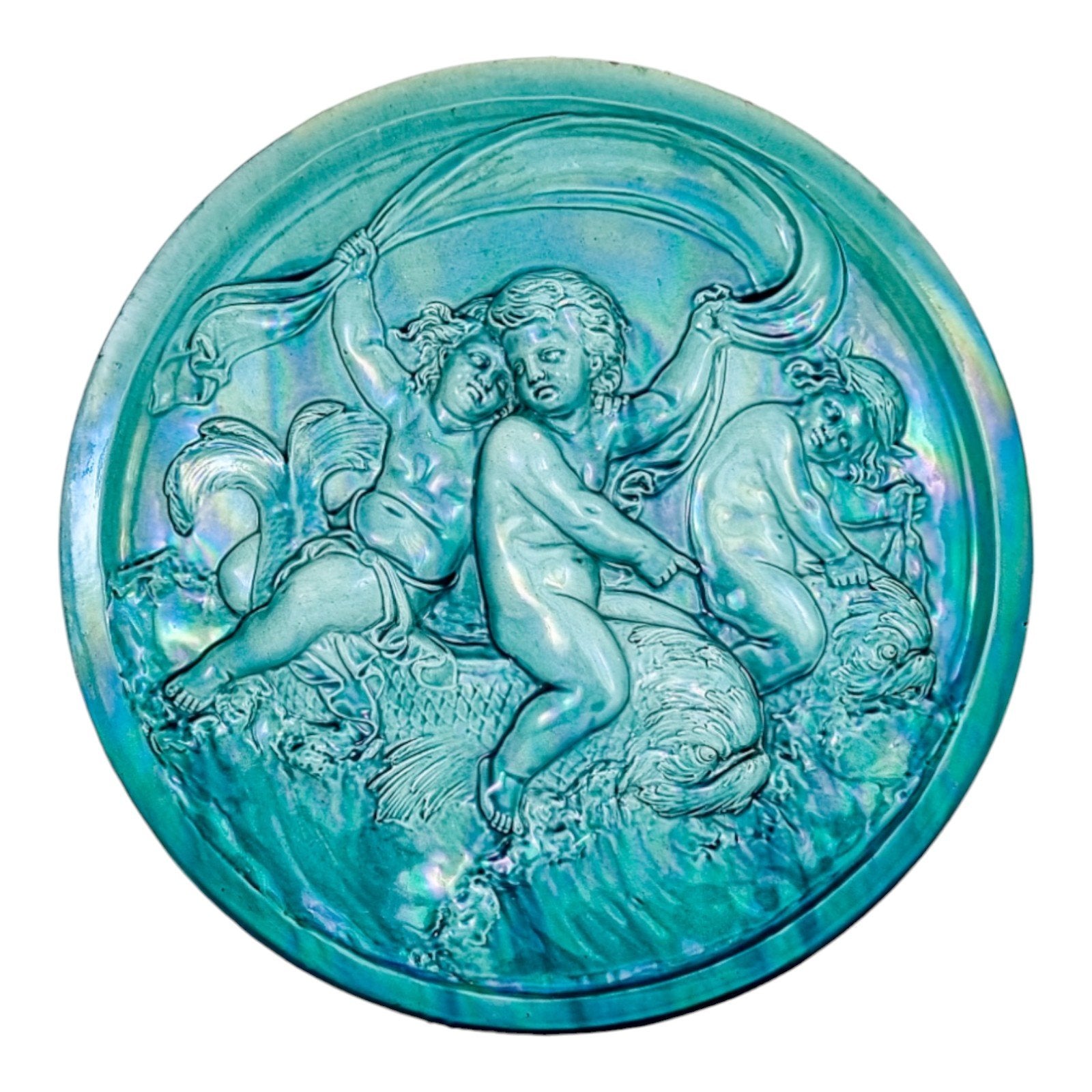 French 1890's Clément Massier huge iridescent turquoise wall charger