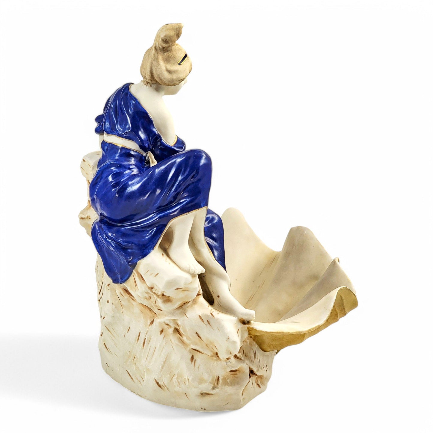 Royal Dux Bohemia Art Nouveau porcelain centrepiece with water bearer and giant clam shell, Czechoslovakia, circa 1920s