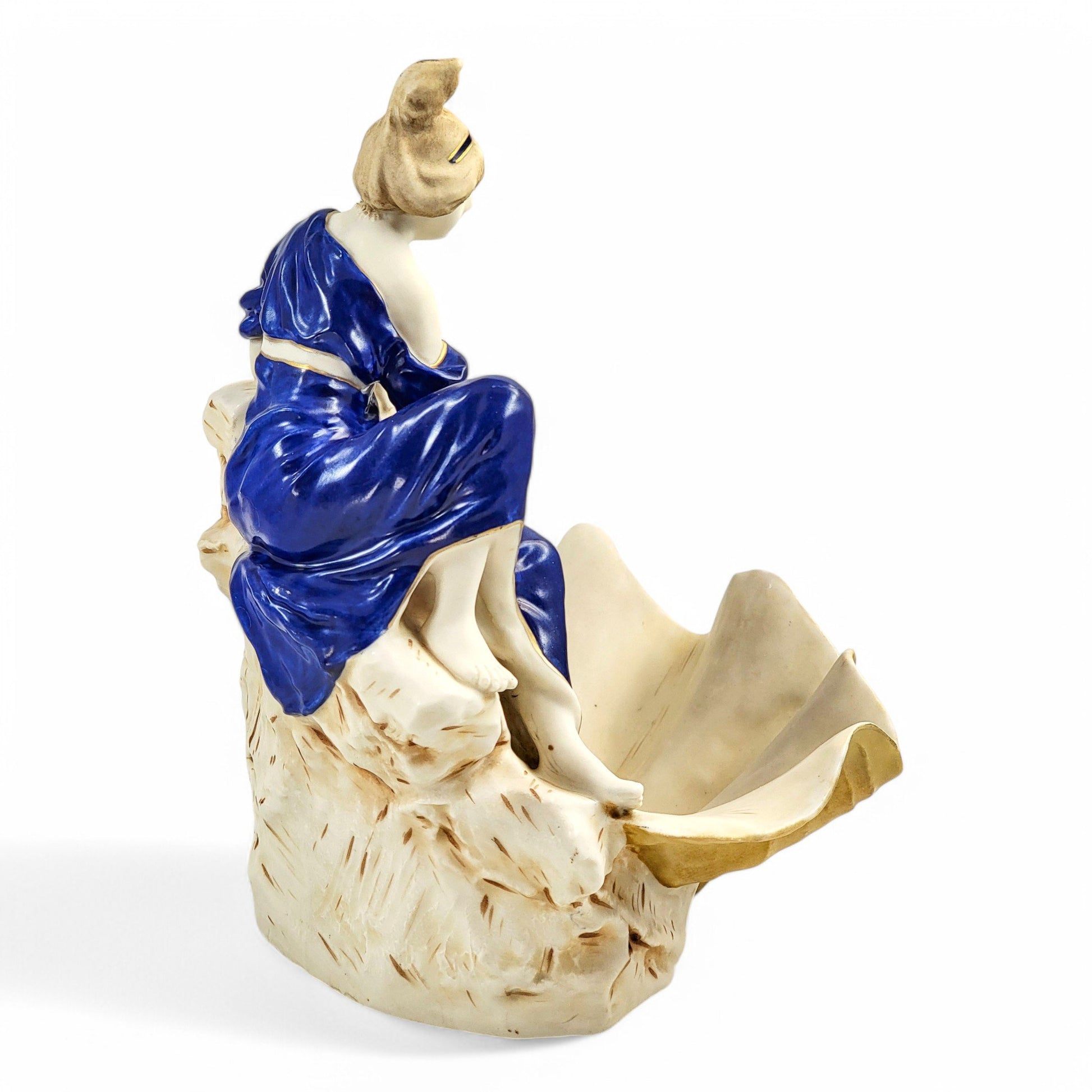 Royal Dux Bohemia Art Nouveau porcelain centrepiece with water bearer and giant clam shell, Czechoslovakia, circa 1920s