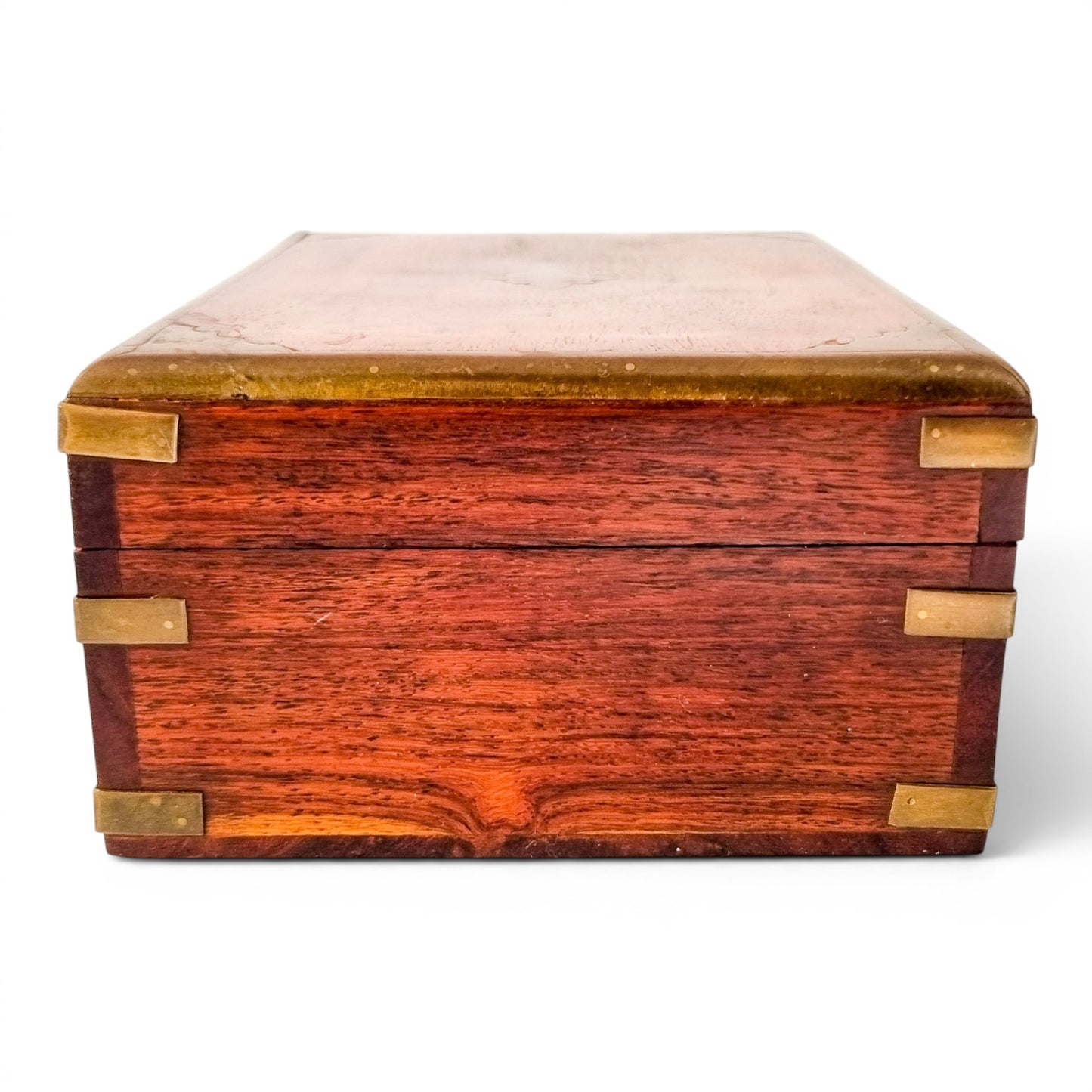 Vintage Indian rosewood campaign style box, brass-bound