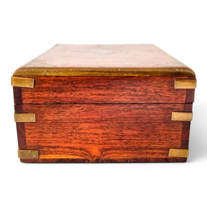 Vintage Indian rosewood campaign style box, brass-bound