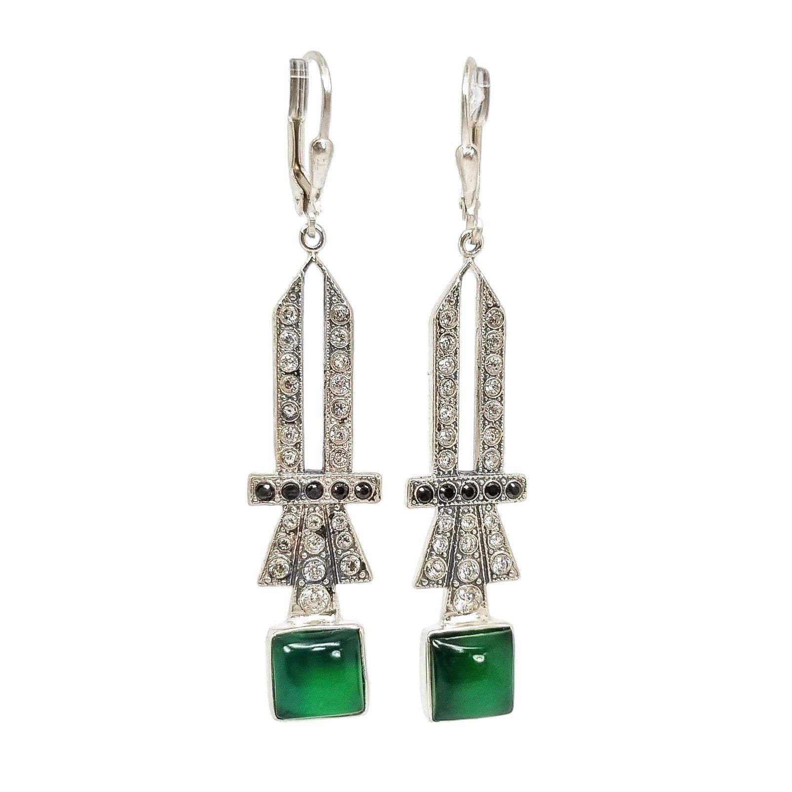 Art Deco sterling silver jade openwork dangle drop earrings