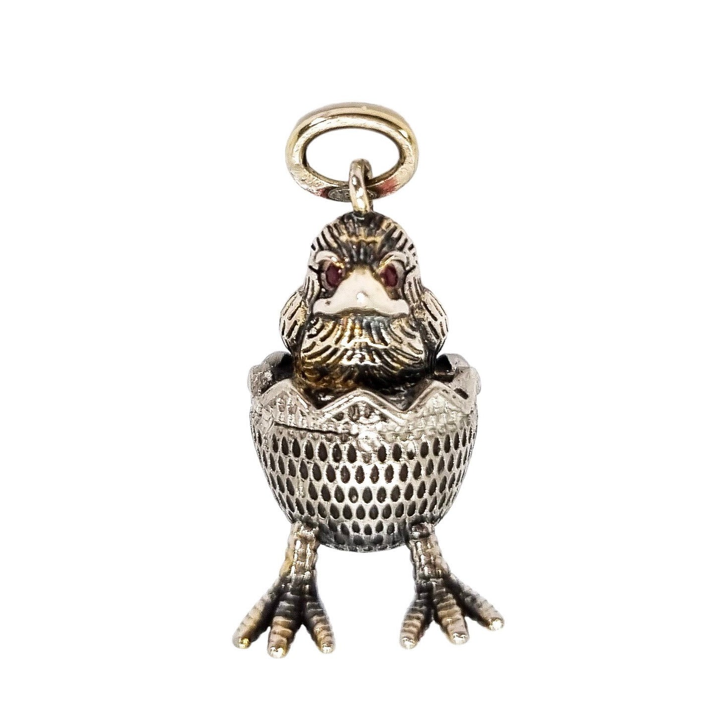 Russian 84 silver gilt egg chick hatching pendant with ruby eyes