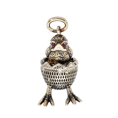 Russian 84 silver gilt egg chick hatching pendant with ruby eyes