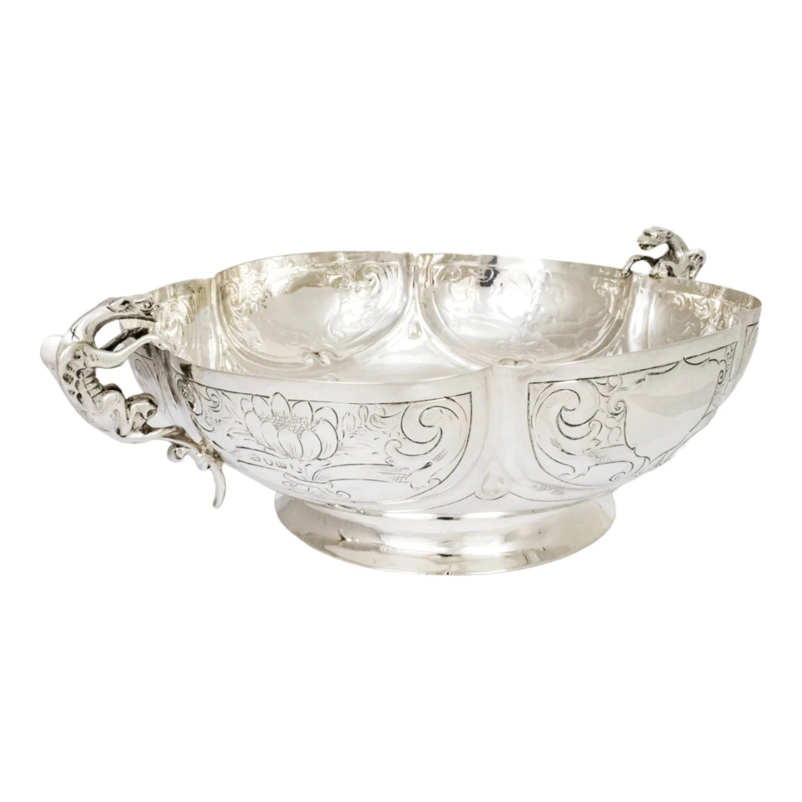 Georgian sterling silver lobed embossed fruit bowl with flying dog handles