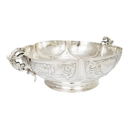 Georgian sterling silver lobed embossed fruit bowl with flying dog handles
