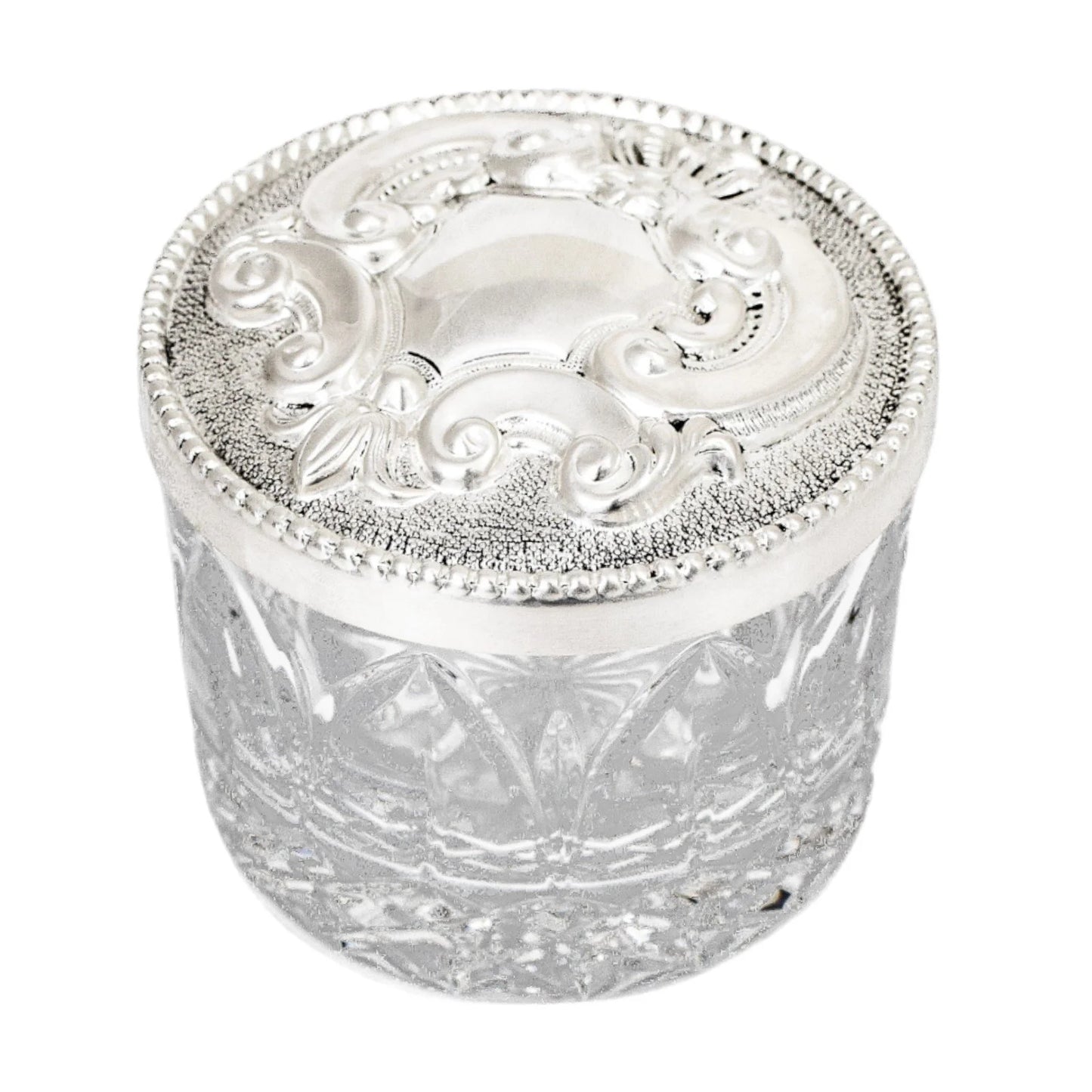 Vintage Carrs sterling silver Atlantis lead crystal large round vanity dressing table box