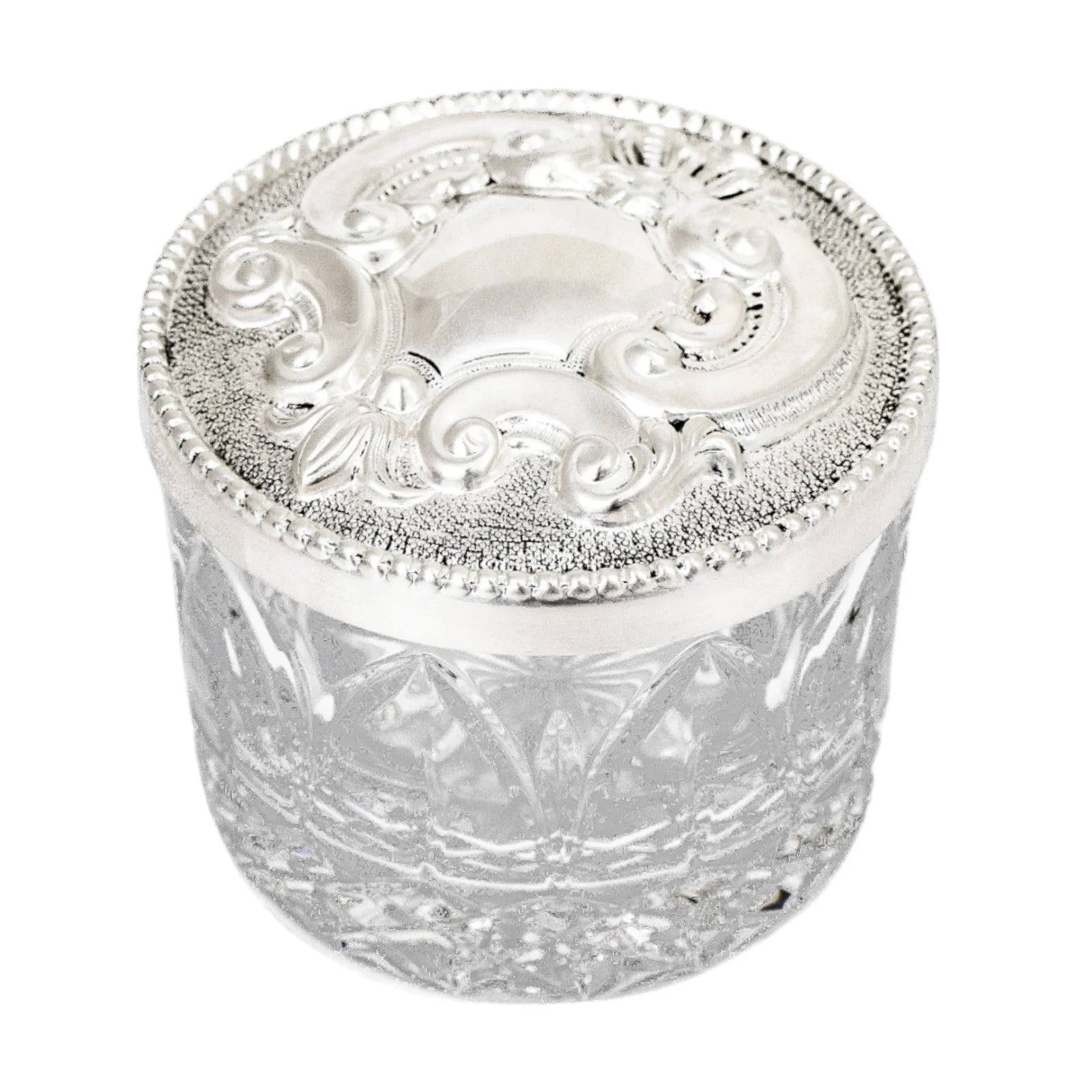 Vintage Carrs sterling silver Atlantis lead crystal large round vanity dressing table box