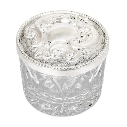 Vintage Carrs sterling silver Atlantis lead crystal large round vanity dressing table box
