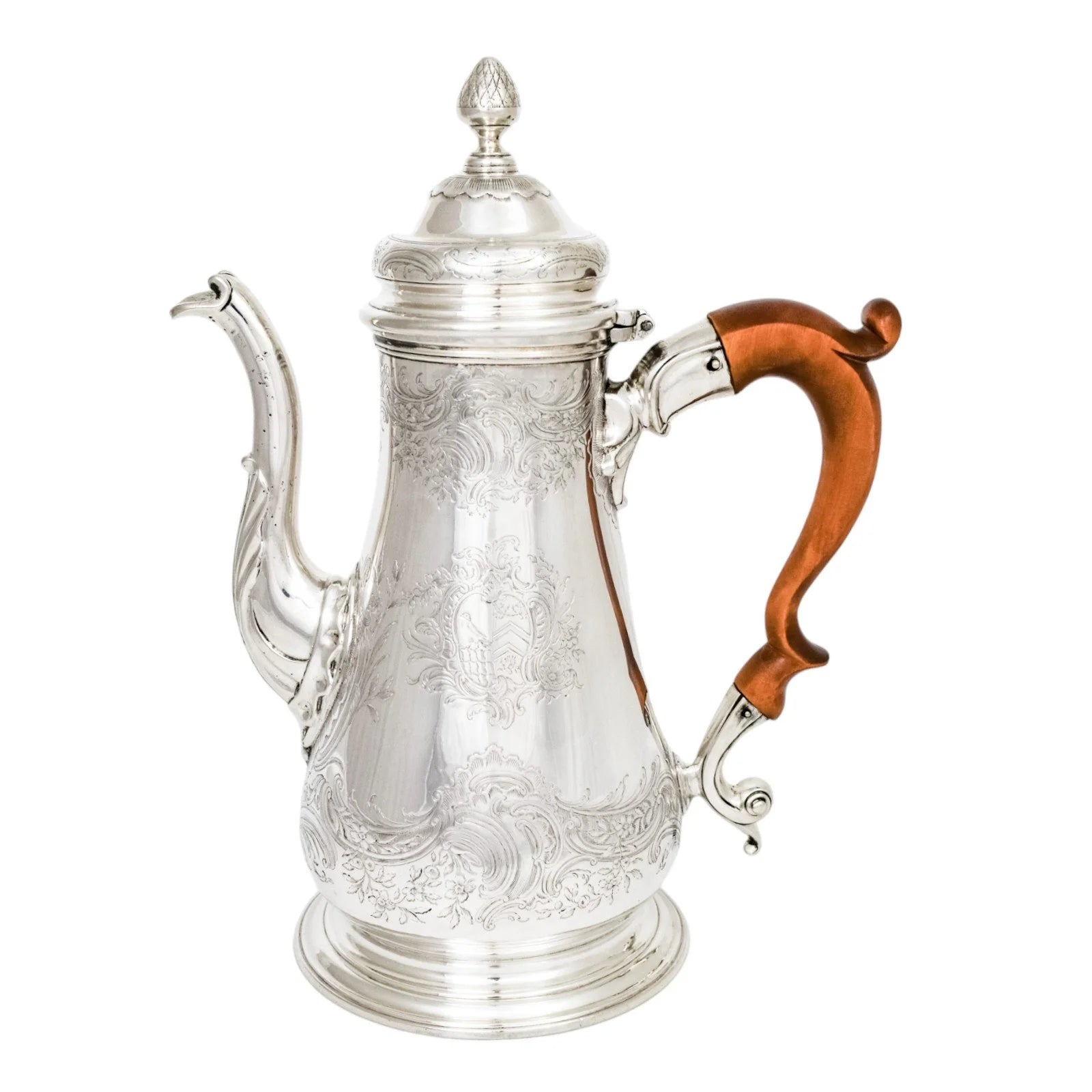 1740s George II Rococo sterling silver coffee pot with armorials and fruitwood handle