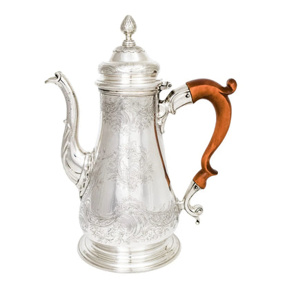 1740s George II Rococo sterling silver coffee pot with armorials and fruitwood handle