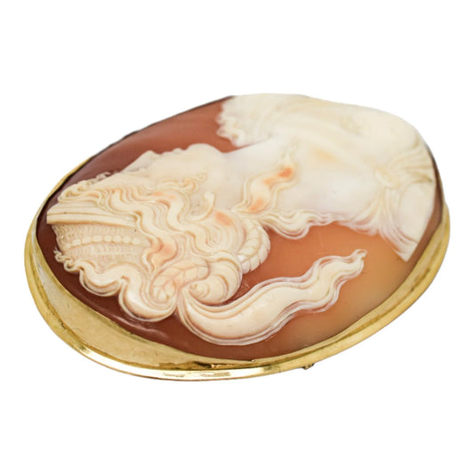 Antique 18ct gold large cameo brooch of Greek woman with snake coiling on her breast