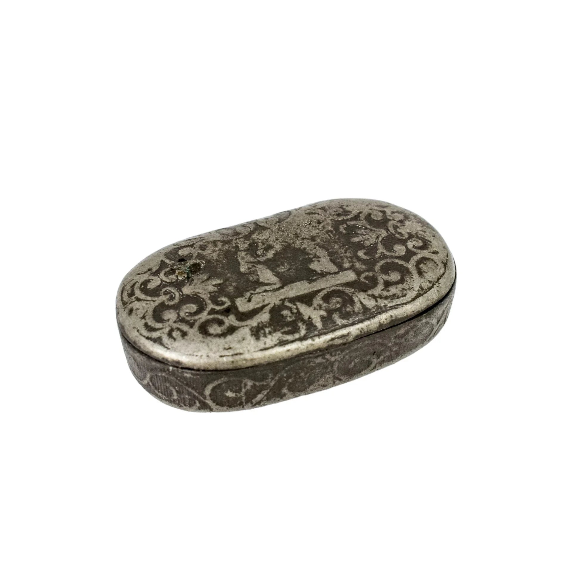 18th century Continental pewter snuff box engraved with scrolls and figures